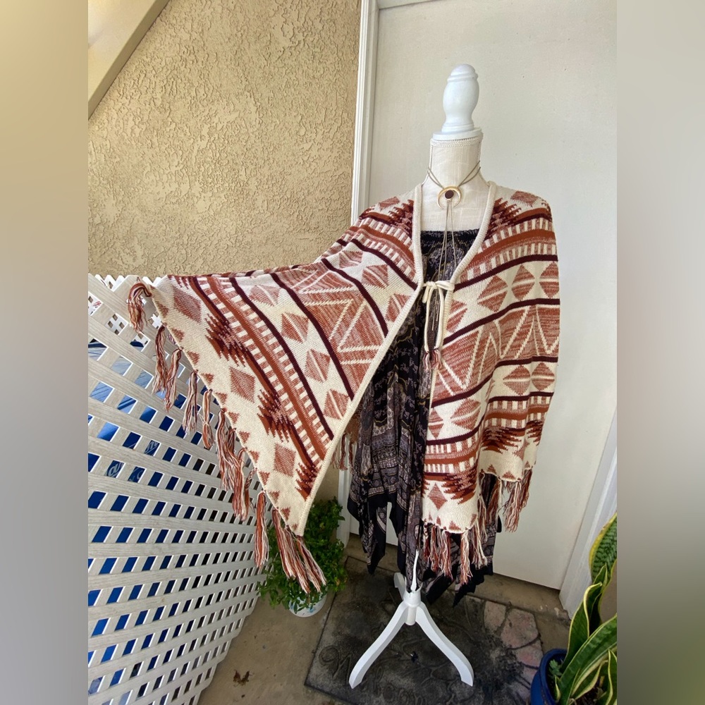 vintage earth tone fringed shawl poncho cape native design